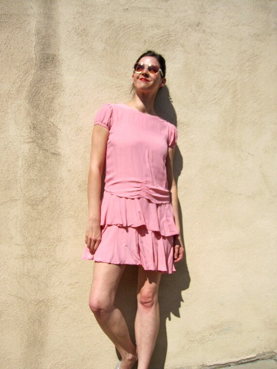 1920s Flapper Dress Cotton Candy Pink Swiss Dot Puff Short Sleeve Drop  Waist Tiered Skirt Mini Handmade Tie Back Size Small Bust 37 - Etsy
