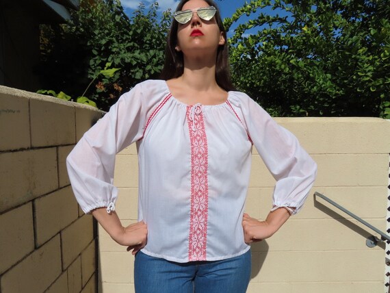 Vintage LEVI Embroidered Red Check Blouse 14 floral accents