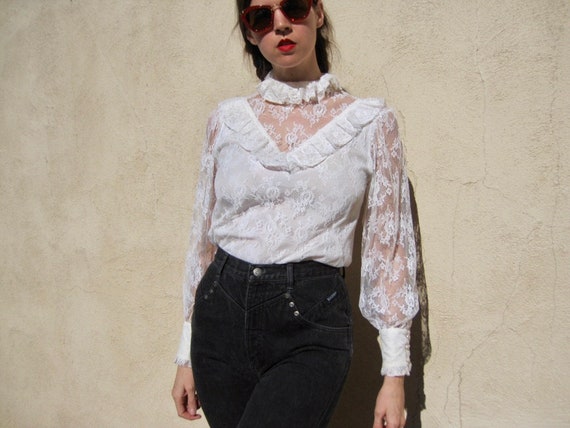 1970s Lace Blouse White Ruffle High Collar Top Sh… - image 2