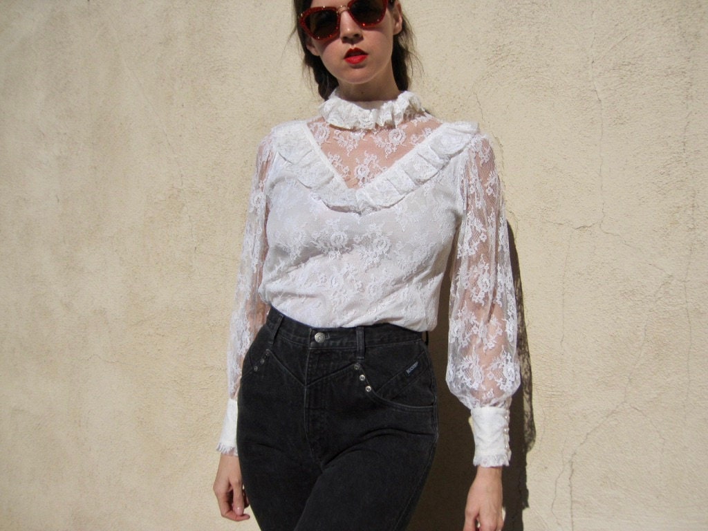 1970s Lace Blouse White Ruffle High Collar Top Sheer Long | Etsy