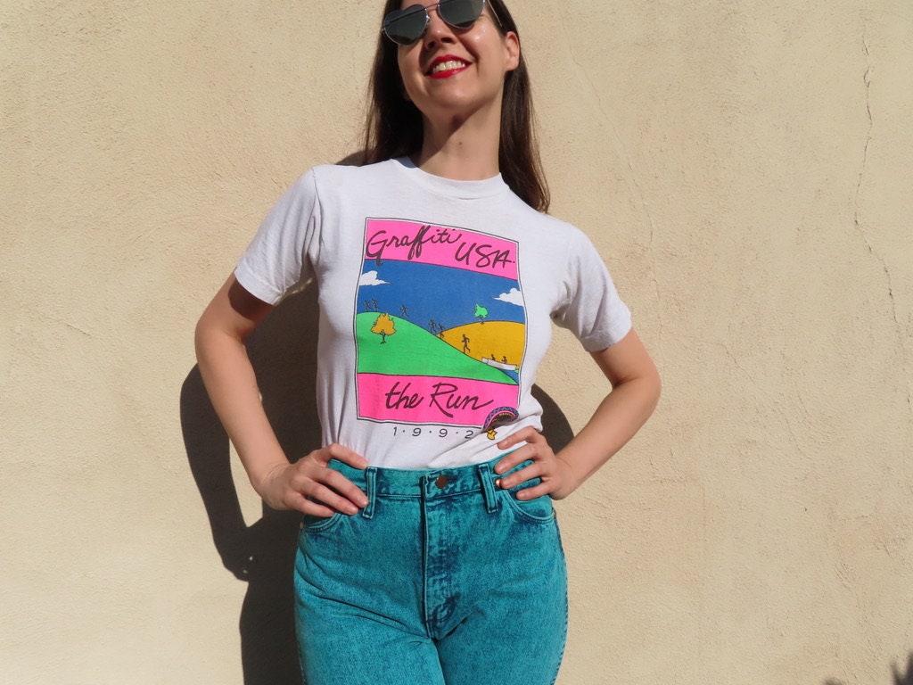美品！90s NEIGHBORHOOD L/S Print Tee 1990s Neon T-shirt Athletic Sponsored Run Souvenir Runner Tree