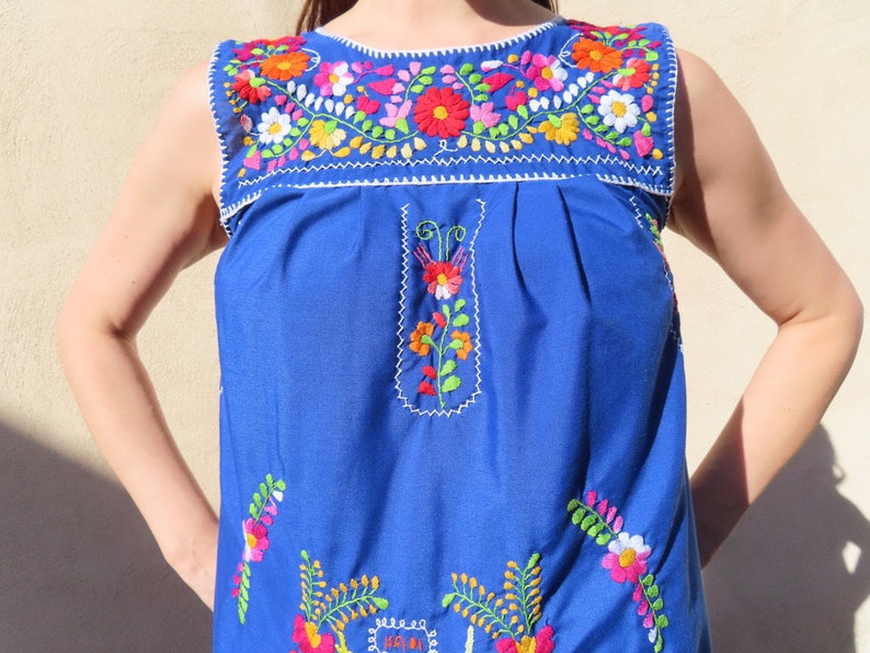 1970s Embroidered Dress Mexican Floral Person Figural Hand Embroidery Sleeveless Blue Folk size Small 36 chest / 44 hip / 37.5 length image 2