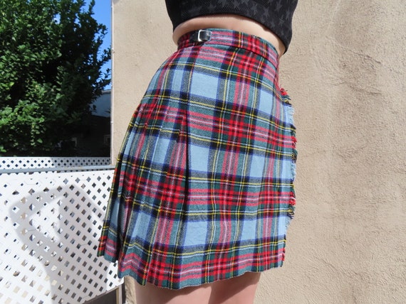 1960s Plaid Skirt Blue Red Pleated Side Buckle Sc… - image 4
