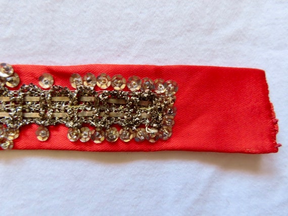 1930s Sequin Tie Red Satin Silver Metallic Thread… - image 5