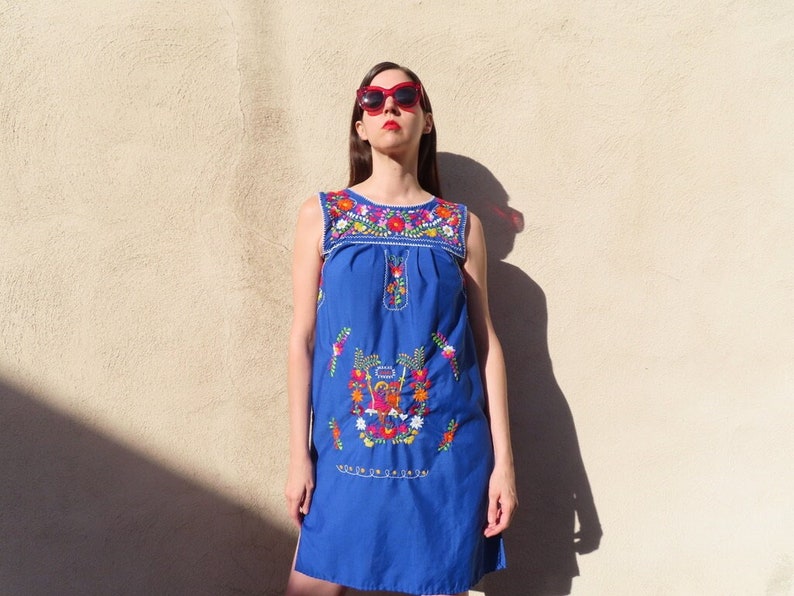1970s Embroidered Dress Mexican Floral Person Figural Hand Embroidery Sleeveless Blue Folk size Small 36 chest / 44 hip / 37.5 length image 1