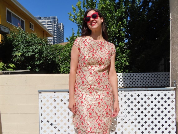 Vintage 60s Gold Dress Metallic & Lace Cocktail Party M