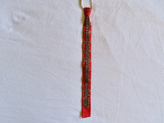 1930s Sequin Tie Red Satin Silver Metallic Thread… - image 2