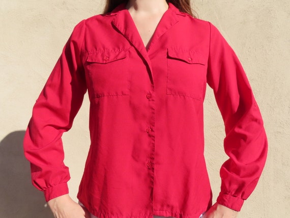 1980s Red Blouse Double Patch Pocket Button Down … - image 2