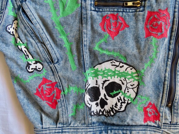 1980s Punk Jacket Hand Painted Skull Rose Bone Li… - image 9