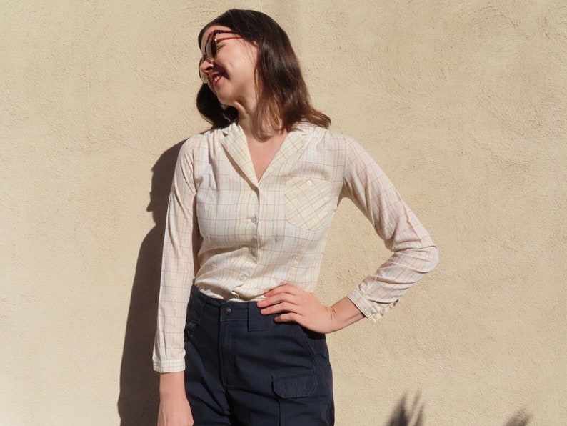 1970s Plaid Shirt White Rainbow Button Down Top Glittery Sparkly Metallic Gold Thread Blouse size Small 36 bust / 32 waist / 24 long image 1