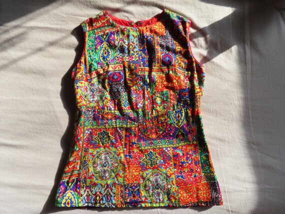 1960s Patchwork Top Multicolor Patterned Sleevele… - image 5