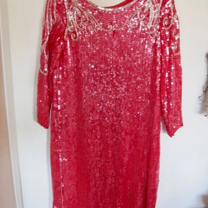 1980s Sequin Dress Red Silver Seed Bead Flower Swirl Flapper Round Neck 80s Does 20s Knee Length 100% Silksize Medium / Large bust 40 image 8