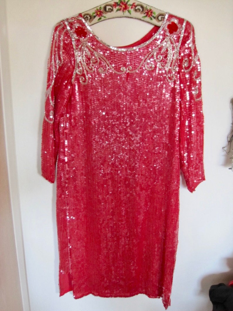 1980s Sequin Dress Red Silver Seed Bead Flower Swirl Flapper Round Neck 80s Does 20s Knee Length 100% Silksize Medium / Large bust 40 image 8