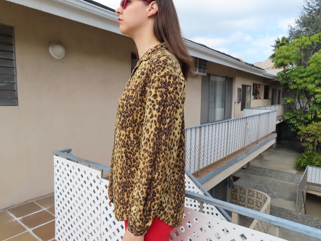 1980s Leopard Top Lizwear Rayon Long Sleeve Button Down Blouse