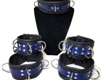 Locking Leder Fesseln Set - AkzentFarbe wählen - Kragen, Handgelenke, Knöchel, & Oberschenkel, Leder gefüttert