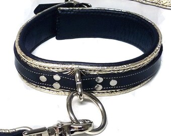 Gold Lederhalsband & 3 Fuß Leine, Verriegelung, hängender O-Ring, Lederfutter