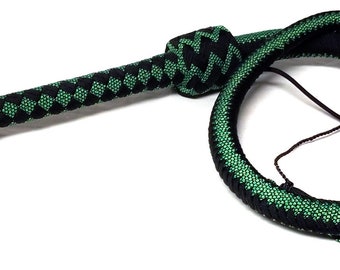 4 Ft, 16 Plait Green & Black Harlequin Nylon Bullwhip, BB Core, Steel Handle, Black Cracker, Vegan Option - Pk of Crackers Included