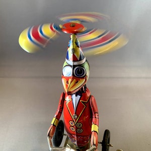 Vintage Reproduction Duck on Bike Working Wind-Up Litho Tin Toy, 8 Tall image 7