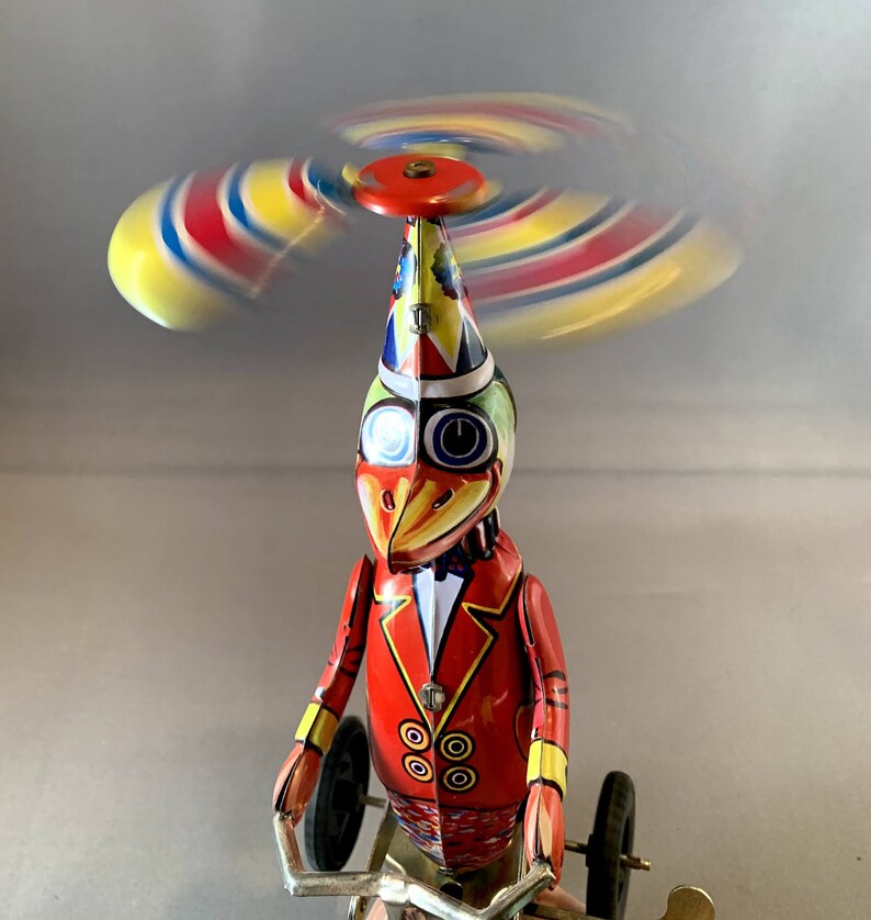 Vintage Reproduction Duck on Bike Working Wind-Up Litho Tin Toy, 8 Tall image 7