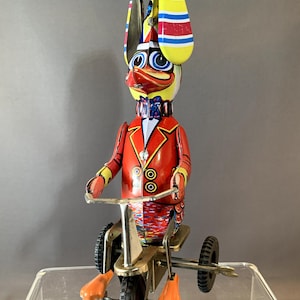 Vintage Reproduction Duck on Bike Working Wind-Up Litho Tin Toy, 8 Tall image 1