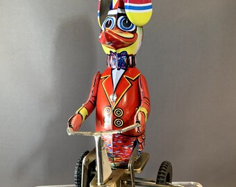 Vintage Reproduction Duck on Bike Working Wind-Up Litho Tin Toy, 8” Tall