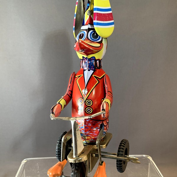 Vintage Reproduction Duck on Bike Working Wind-Up Litho Tin Toy, 8” Tall