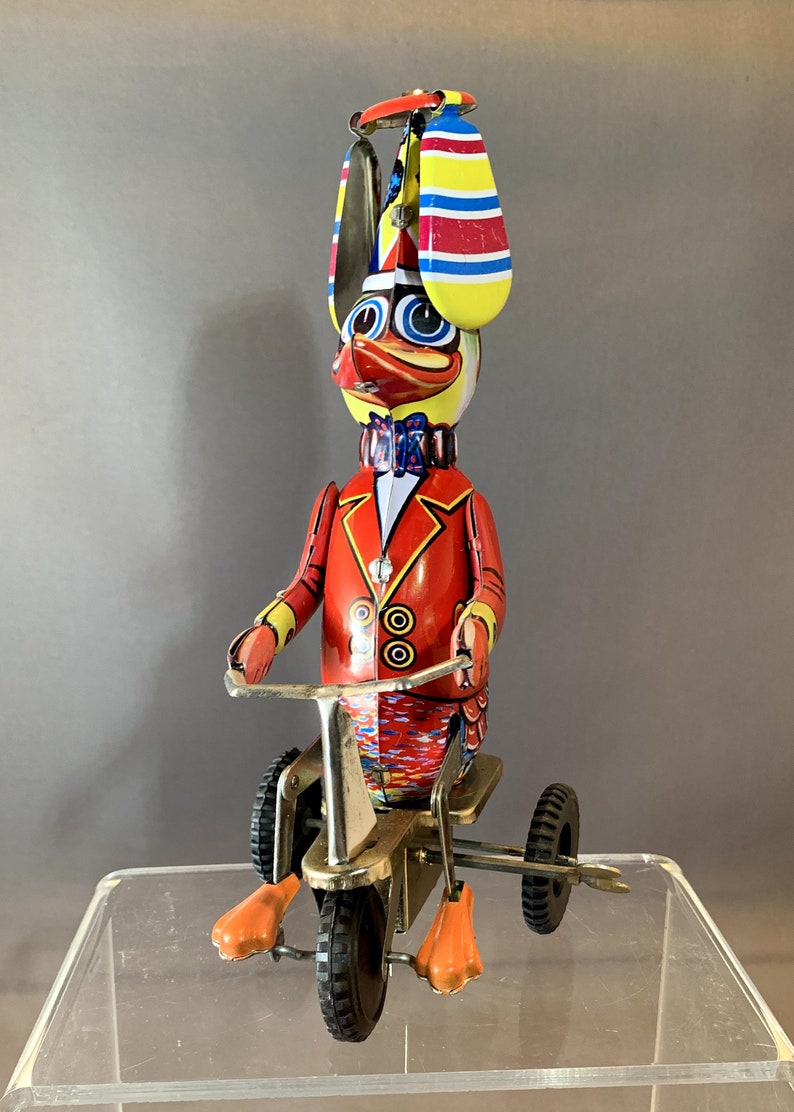 Vintage Reproduction Duck on Bike Working Wind-Up Litho Tin Toy, 8 Tall image 1