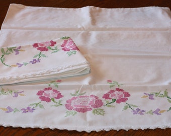 Vintage Pair White Cotton Pillowcases Pink ROSES Embroidery, White Crochet Edging