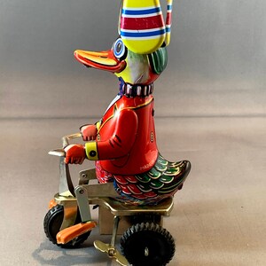 Vintage Reproduction Duck on Bike Working Wind-Up Litho Tin Toy, 8 Tall image 3