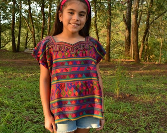 Boho girl huipil, Vintage Mayan boho Girls Top, Boho chic blouse for girl, Guatemalan huipil, Bohemian outfit for kids girls Mayan blouse