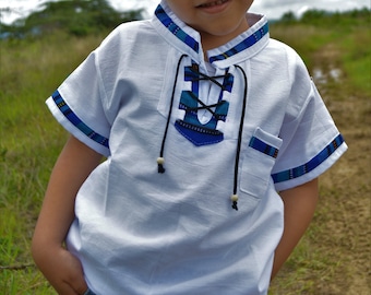 Kid&#39;s Guatemalan shirt Children&#39;s Linen Short Sleeve Shirt Summer Cool Loose Casual V-Neck Shirts Tops Girl shirt Boy Tribal shirt