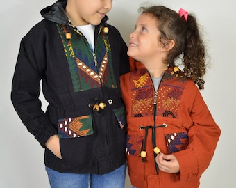 Guatemalan Jacket, Embroidered hoodie, Handmade jacket, Winter Sweater, Mayan clothing, black blue red hoodie, Detachable hoodie