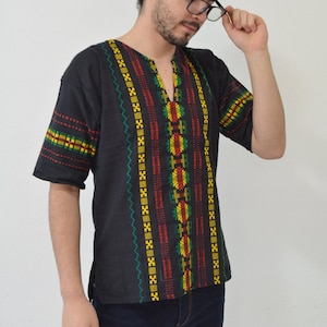 Traditional Guatemalan shirt Hippie Guatemalan unisex shirt  Black shirt V-Neck Handmade shirt Men’s  & women&#39;s shirt Loose Blouse