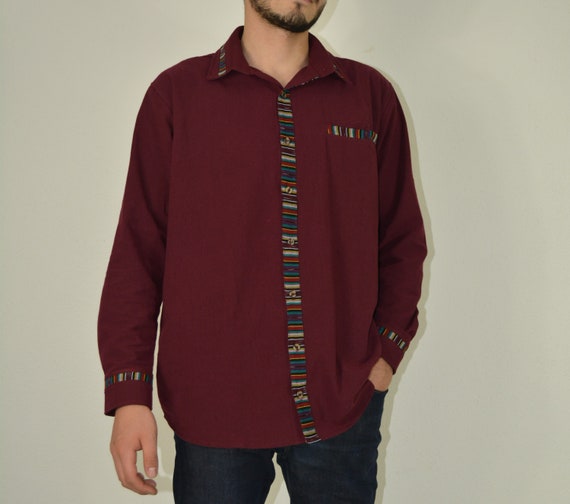 Men's Cotton Long Sleeve Shirt: Guatemalan Ikat Trim