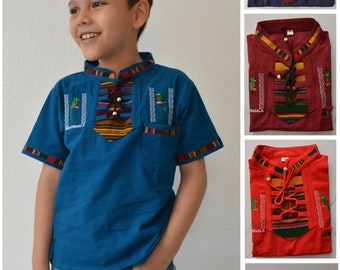 Kid's Guatemalan shirt Children's Short Sleeve Shirt Casual V-Neck Shirts Tops   Tribal shirt El Quetzal bird embroidered shirt