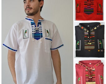 Men's Guatemalan shirt men's Short Sleeve Shirt Casual V-Neck Shirts Tops   Tribal shirt El Quetzal bird embroidered shirt
