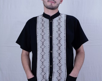 Handmade Embroidered Guayabera Shirt: Men's Mexican Cotton Fiesta Shirt - Small