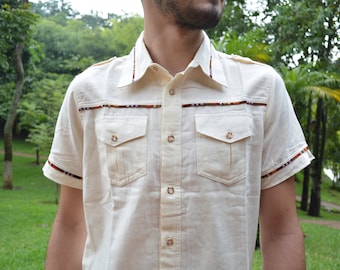 Short sleeve work-shirt Guatemalan shirt Cowboy shirt Men’s Summer T-Shirt Cotton shirt Work wear shirt Men's Button Down Shirt
