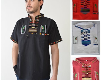 Plus Size - Men's Guatemalan shirt men's Short Sleeve Shirt Casual V-Neck Shirts Tops   Tribal shirt El Quetzal bird embroidered shirt