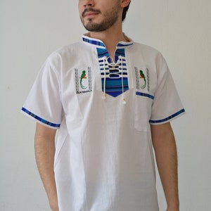 Plus Size - Men&#39;s Guatemalan shirt men&#39;s Short Sleeve Shirt Casual V-Neck Shirts Tops   Tribal shirt El Quetzal bird embroidered shirt