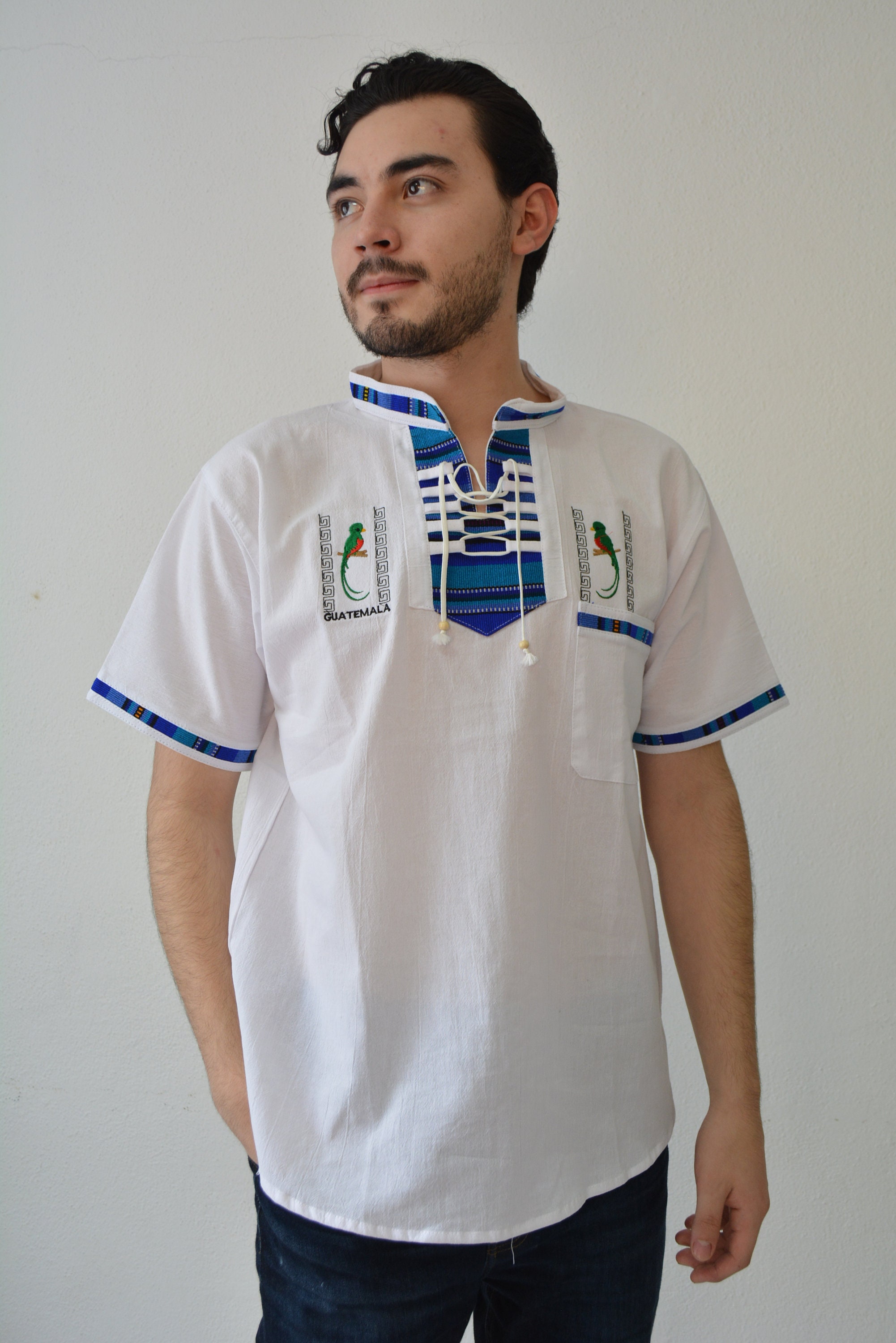 Plus Size - Men's Guatemalan shirt men's Short Sleeve Shirt Casual V-Neck Shirts Tops   Tribal shirt El Quetzal bird embroidered shirt