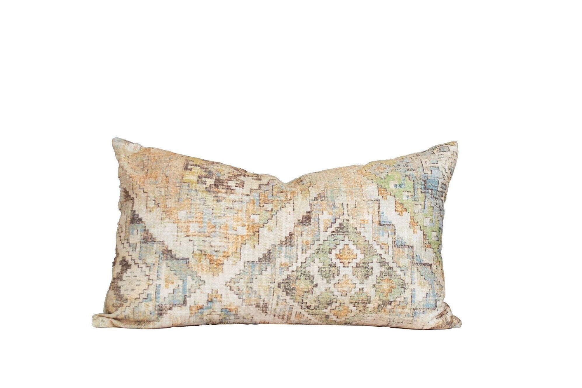 INKandLINENco Velvet Soft Beige and Blue Kilim Style Pillow Cover / Persian Style Pillow Case / 14x26 / Augusta