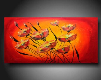 Abstract Painting Contemporary Oil painting Red Poppies yellow red Landscape painting Acrylic painting Surreal Heavy Texture Rustic