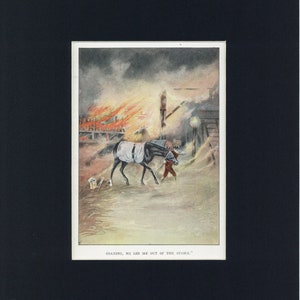 c1920&#39;s Vintage Black Beauty Illustrated Print of Stable on Fire