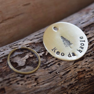 Hand Stamped Personalised Custom Brass Copper or Aluminium  Pet Tag Dog Design Pet's name on Bottom Edge & Mobile on Back Newsprint