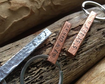 Hand Stamped Hammered Bar Key Ring: Personalized Copper or Aluminum Metal