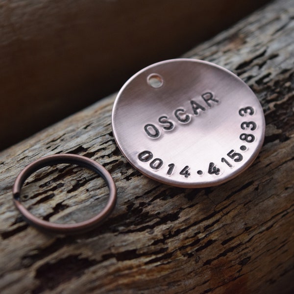 Hand Stamped Personalised Custom Brass Copper or Aluminium  Pet Tag - Dog Tag - Pet Tag- Concave Domed Name & Telephone