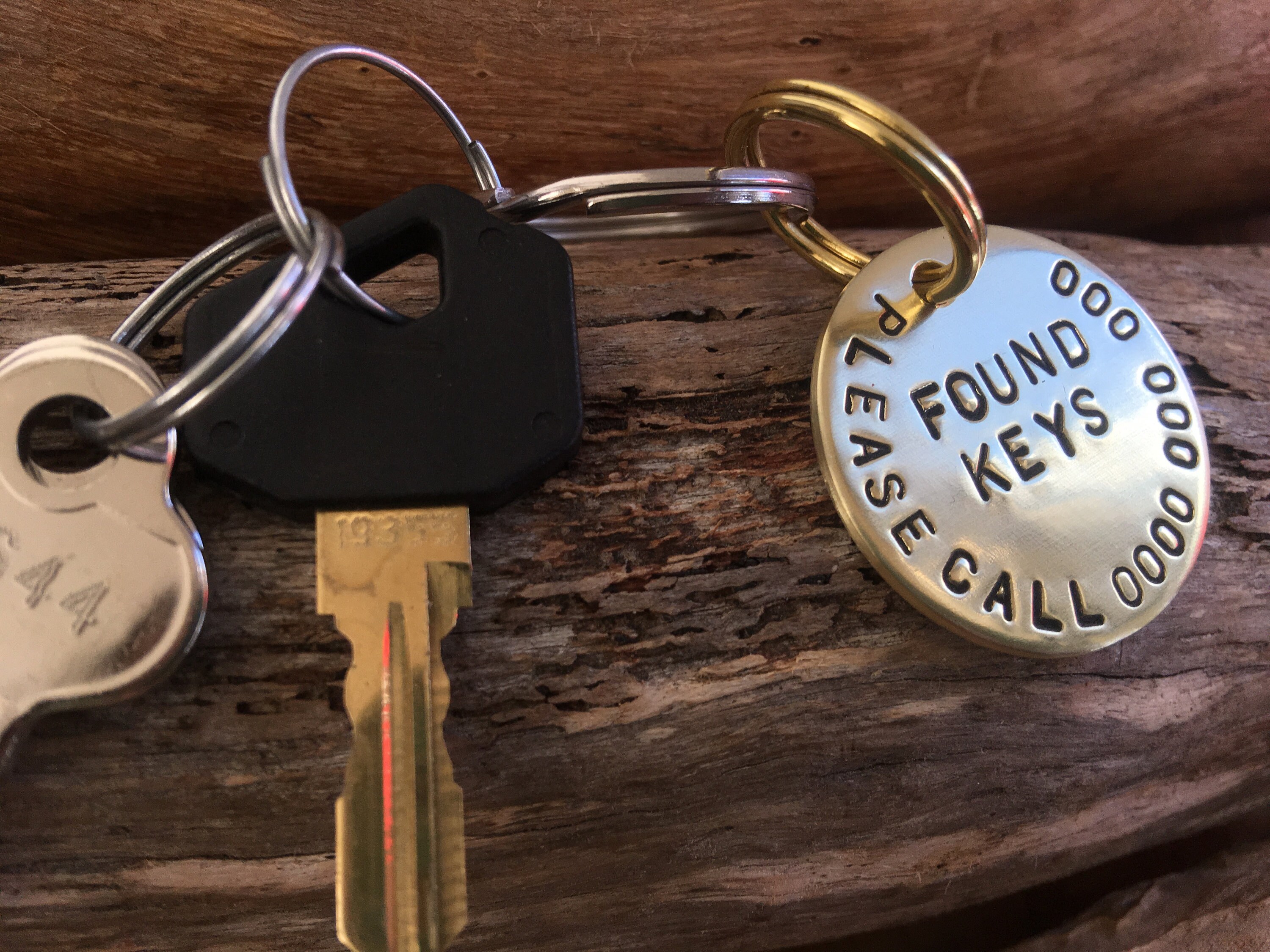 Hand Stamped Personalised Custom Brass Key Ring to Return