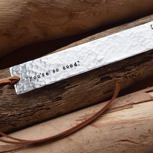 Custom Hand Stamped Aluminum Bookmark: Personalized with Deerskin Leather Strap personalised