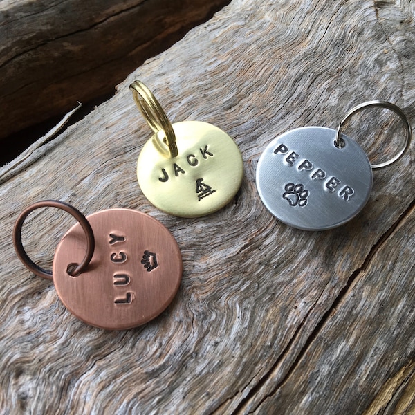 Hand Stamped Pet ID Tag Brass Copper or Aluminium  Custom Personalised Dog Tag - Pet Tag- aluminum Design Stamp on Front & Mobile on Back